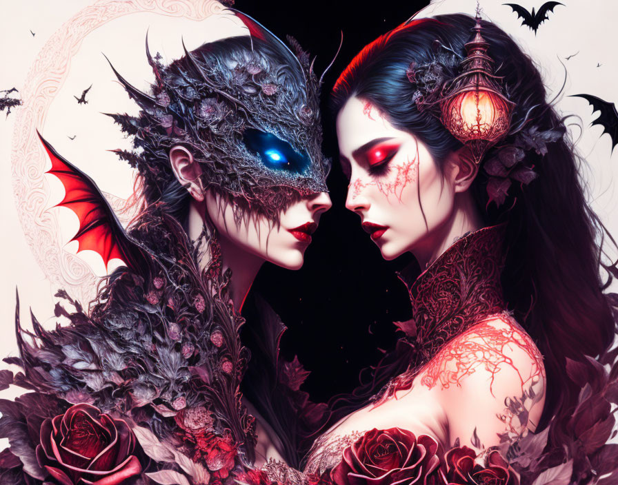 Mystical figures with elaborate masks and makeup in moonlit scene.