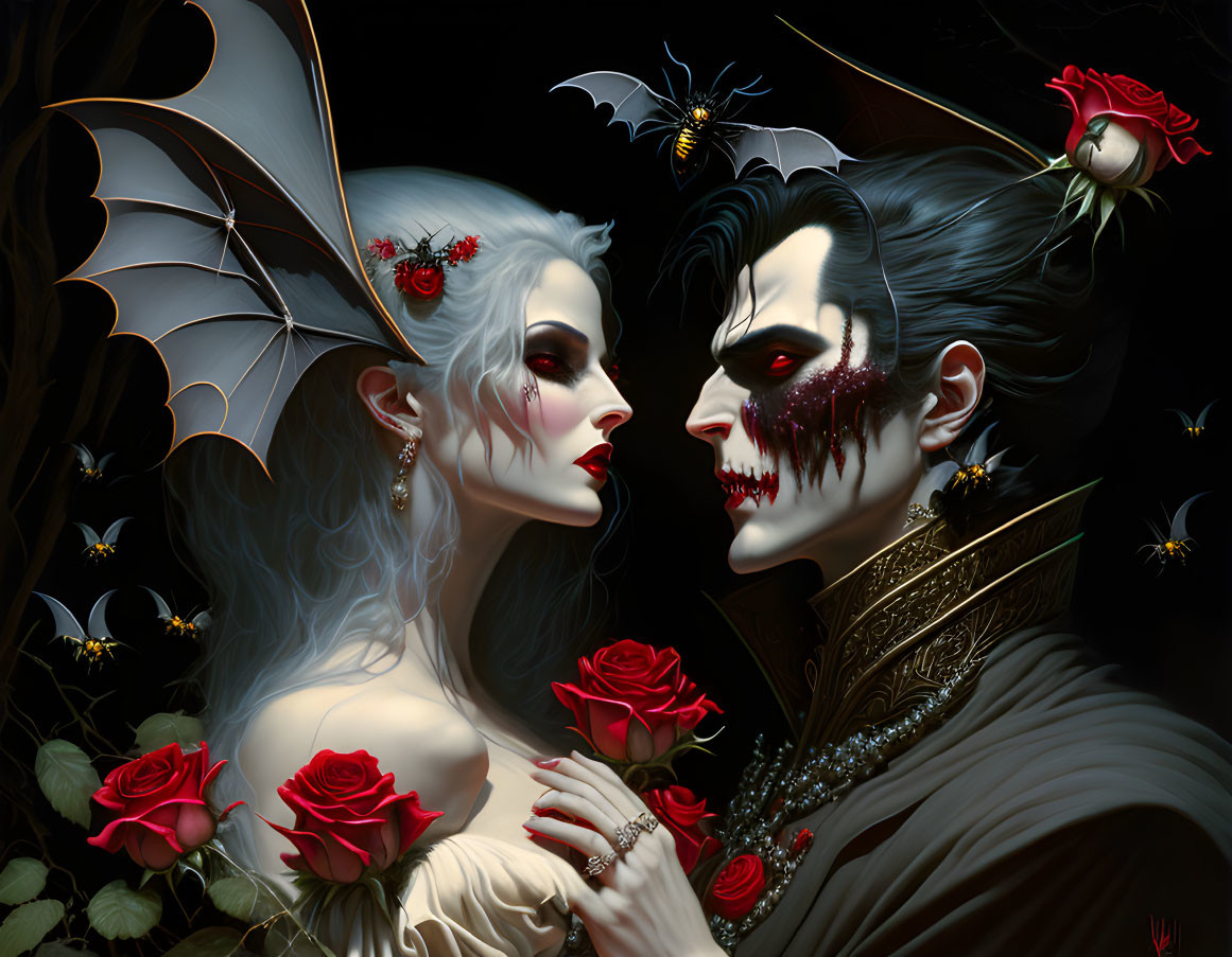 Gothic vampire figures with pale skin, roses, and bats in close embrace