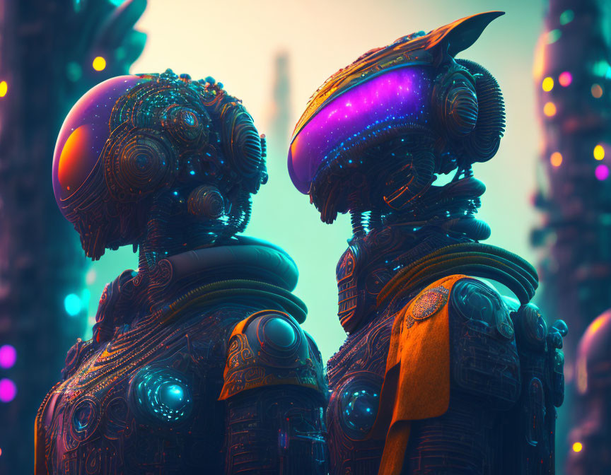 Detailed Robots with Intricate Head Designs Against Neon Cityscape