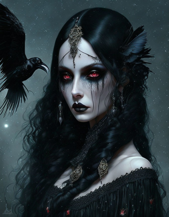 Pale woman with dark hair and gothic makeup with raven in starry night.