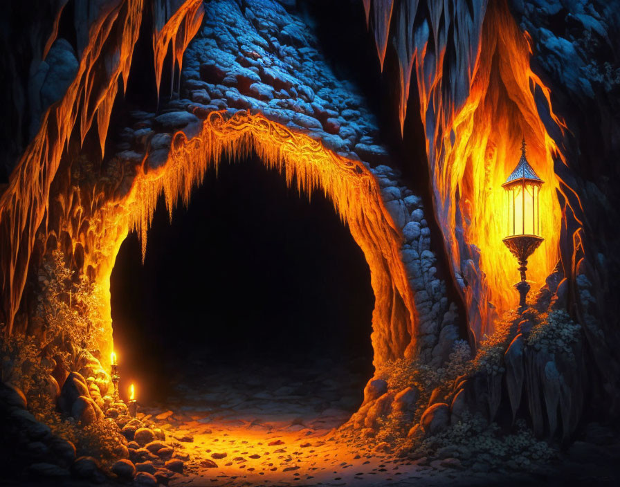 Cave entrance with stalactites, stalagmites, and lanterns
