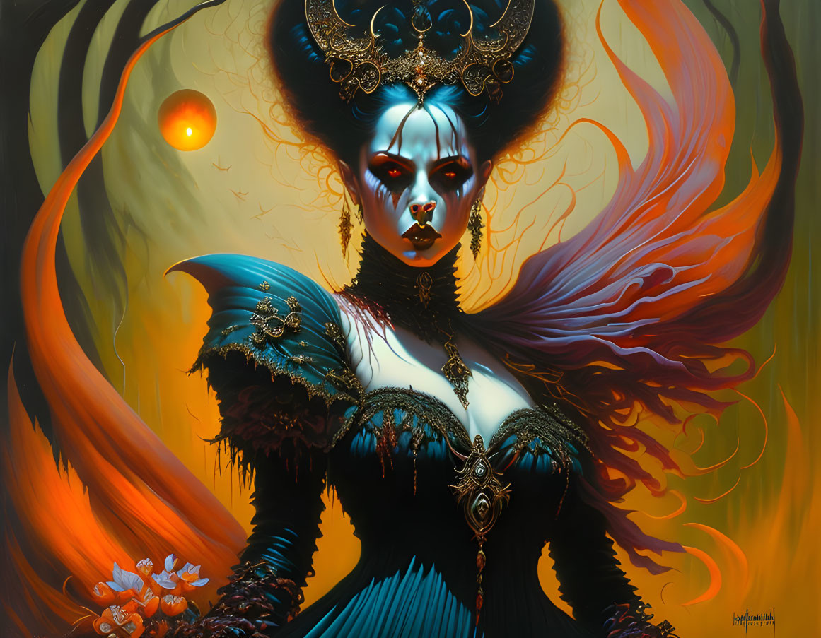 Gothic fantasy figure in ornate headgear and dark costume against swirling orange backdrop