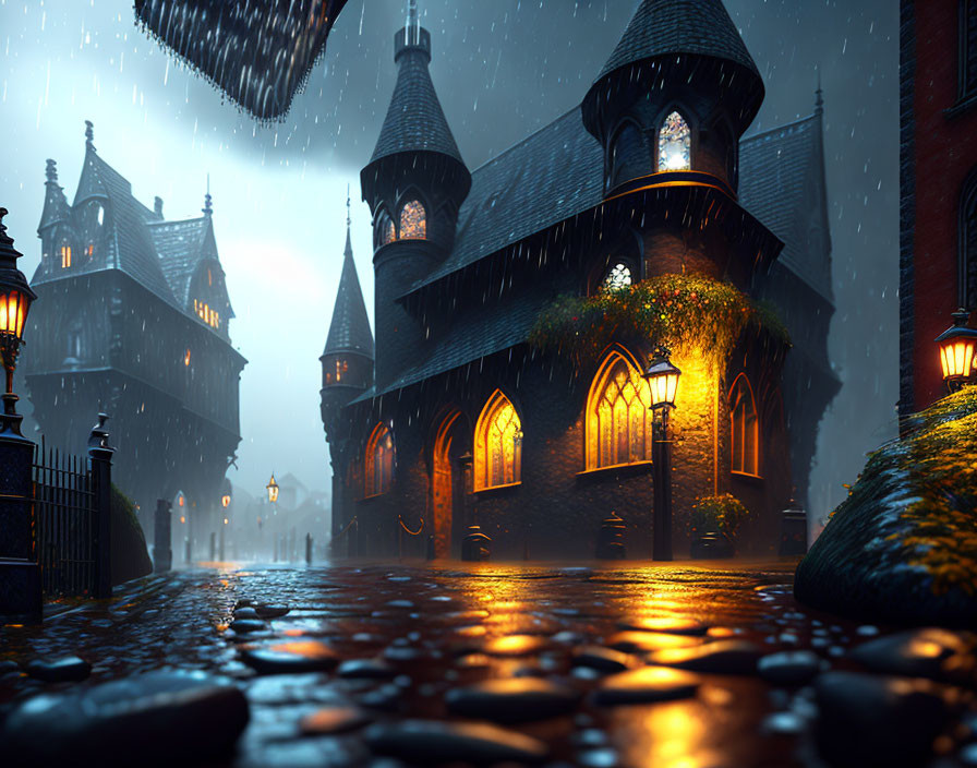 Rainy Night: Wet Cobblestones Reflecting Streetlights in Front of Gothic Building