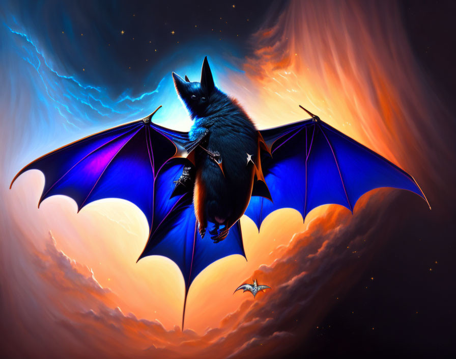 Purple-winged bat flying over orange clouds in starry night sky