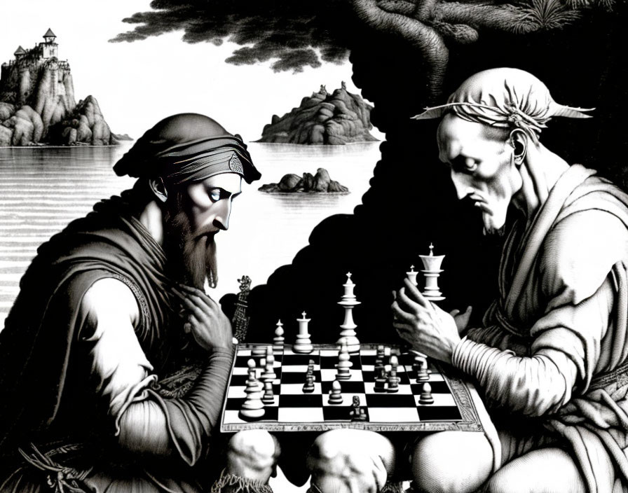 Historical chess players in medieval setting with castle and coastline.