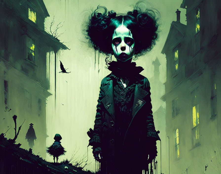 Gothic artwork: Child with skull-like face in eerie setting