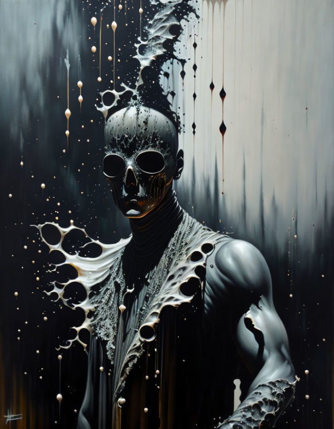 Surreal painting: figure with skull-like face in metallic textures