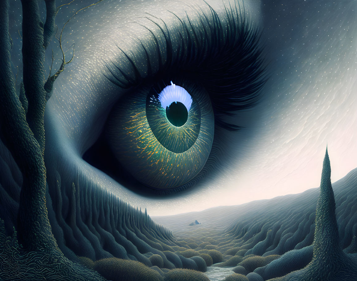 Surrealist landscape with eye and nighttime elements