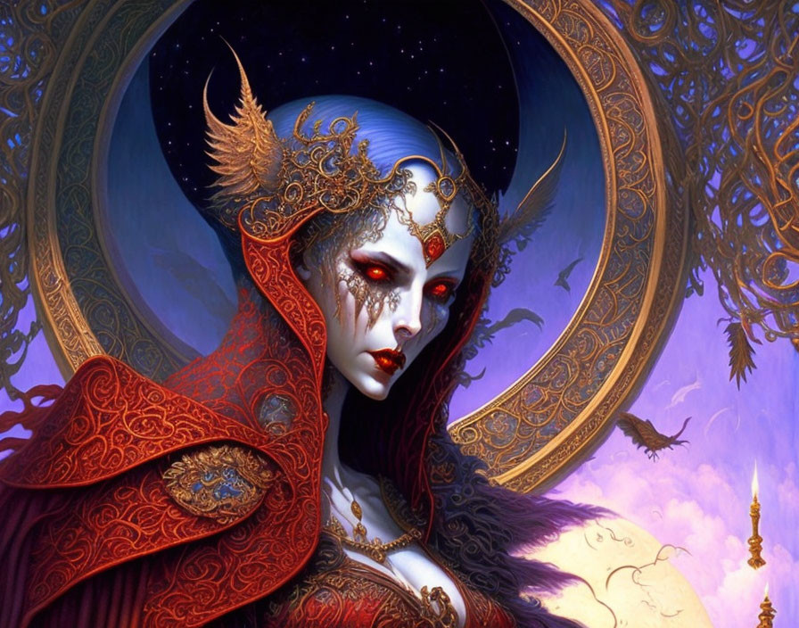 Fantasy character with pale skin and red eyes in gold headpiece against cosmic backdrop