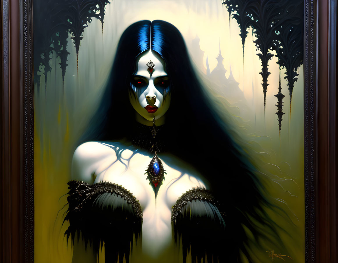 Dark-haired woman in gothic style with pale skin and striking makeup