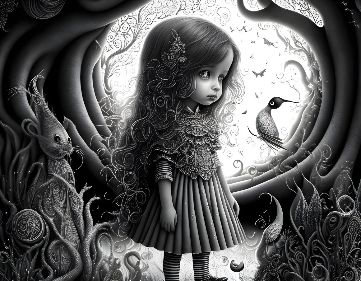 Detailed monochrome artwork of a young girl with intricate dress, squirrel, and crow in fantasy setting