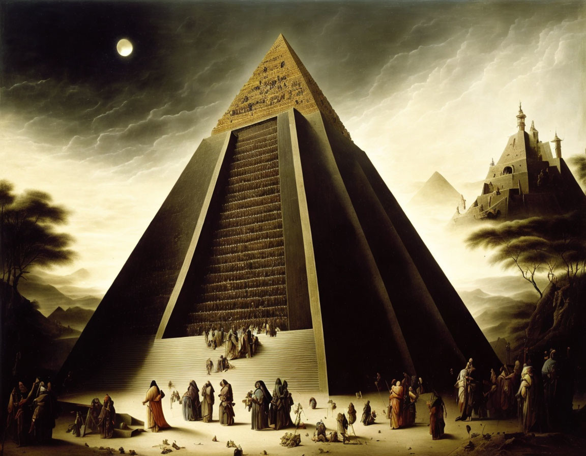 Dark Pyramid Scene with Moonlit Sky and Figures