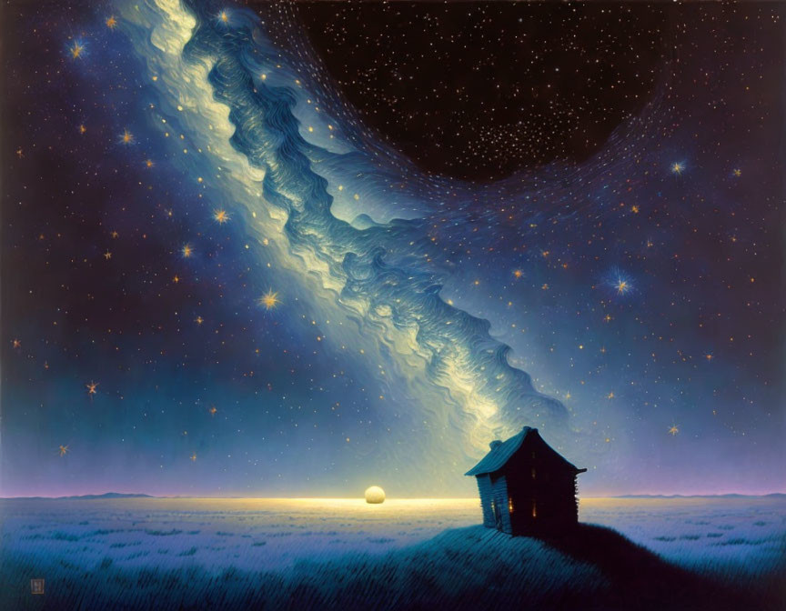 Surreal painting of starry night sky above wooden cabin