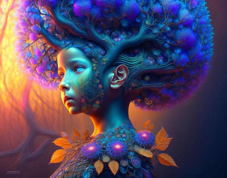 Surreal digital art: figure with blue and purple tree hair, intricate skin patterns, leaf garment