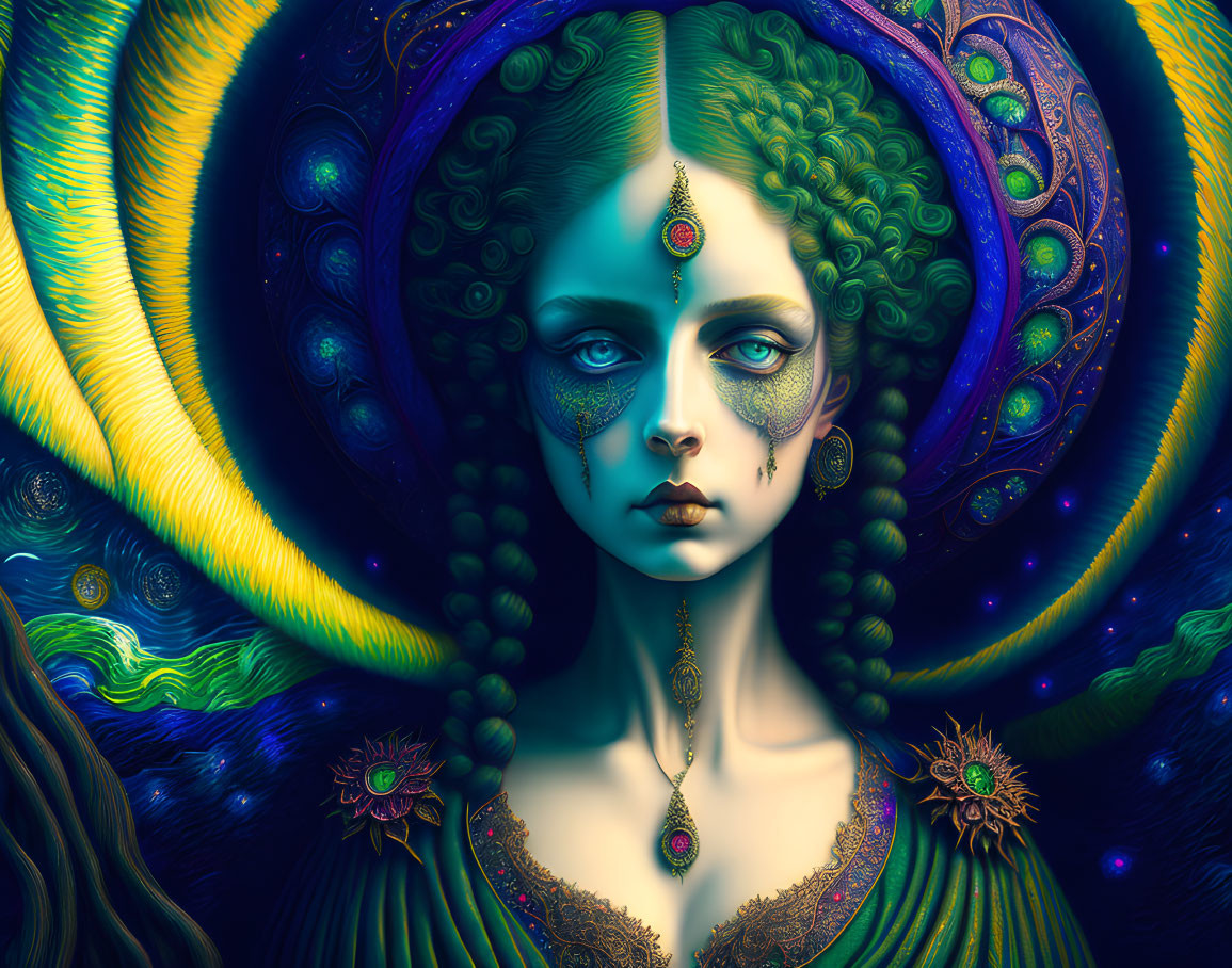 Fantasy Artwork: Blue-skinned woman with golden headdresses on cosmic peacock feather backdrop