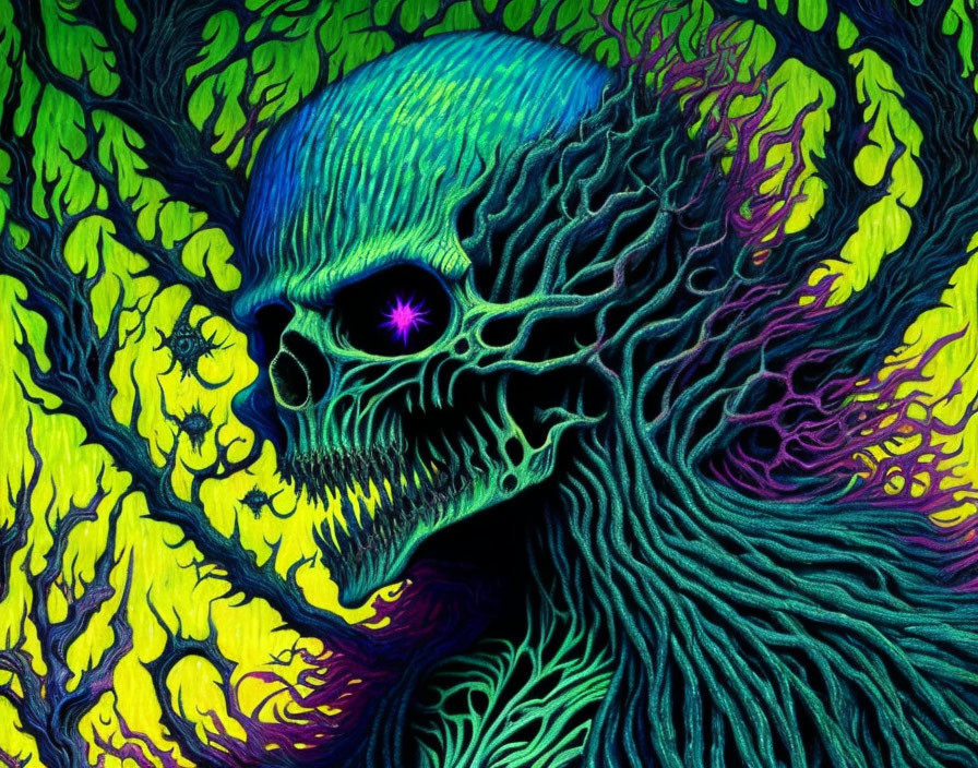 Vibrant blue and green psychedelic skull with intricate patterns and purple-starred eye socket