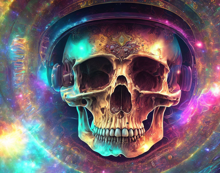 Human Skull with Headphones on Cosmic Fractal Background