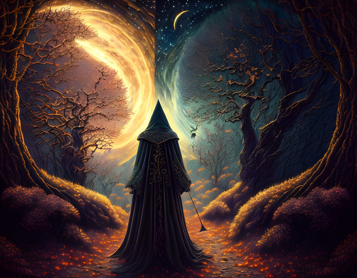 Cloaked Figure in Mystical Forest with Swirling Vortex