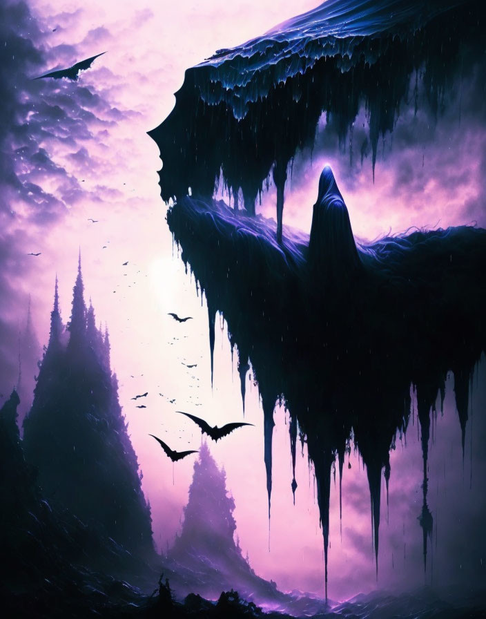 Purple surreal landscape with silhouetted pine trees and icy cliff.