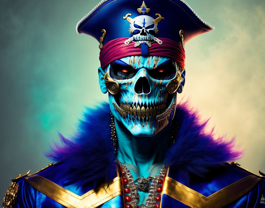 Skull-faced person in pirate hat and blue coat on colorful background