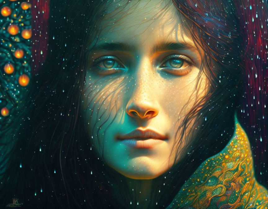 Blue-eyed person with dark hair in cosmic portrait.