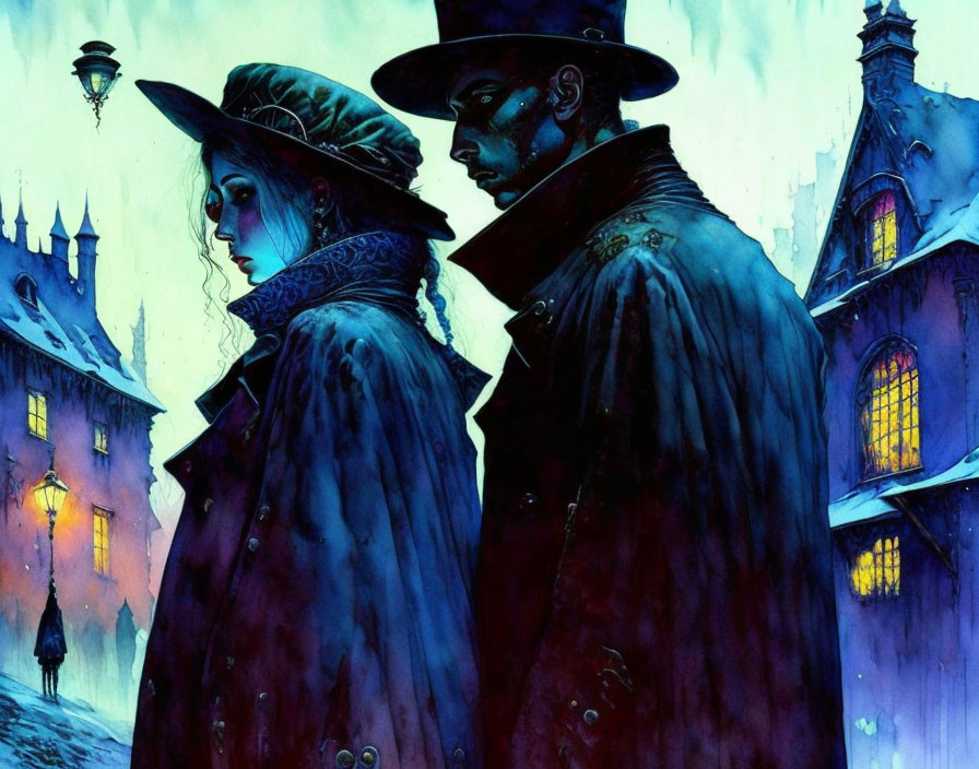 Illustrated Victorian couple on cobblestone street at twilight with eerie blue hues and gothic building.