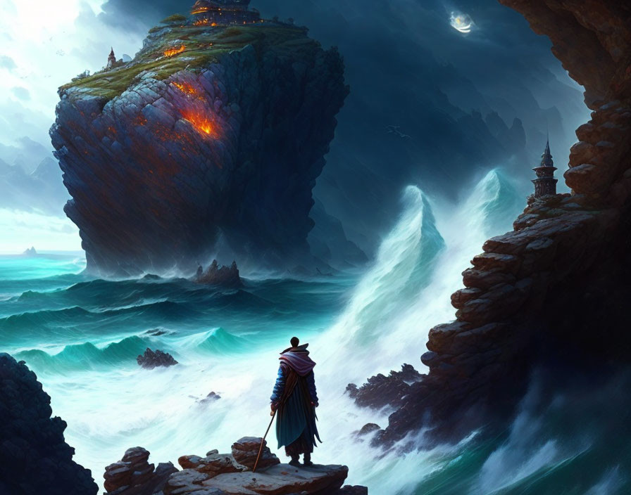 Cloaked figure on rocky shore gazes at lighthouse on towering cliff by turbulent waves.