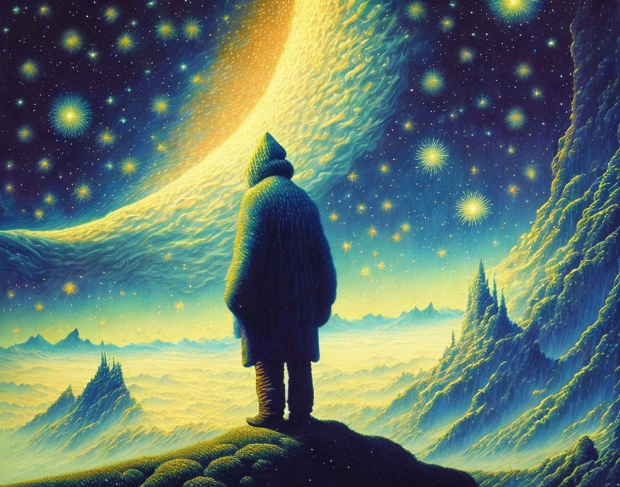 Solitary Figure in Warm Clothes Stargazing Over Snowy Mountain