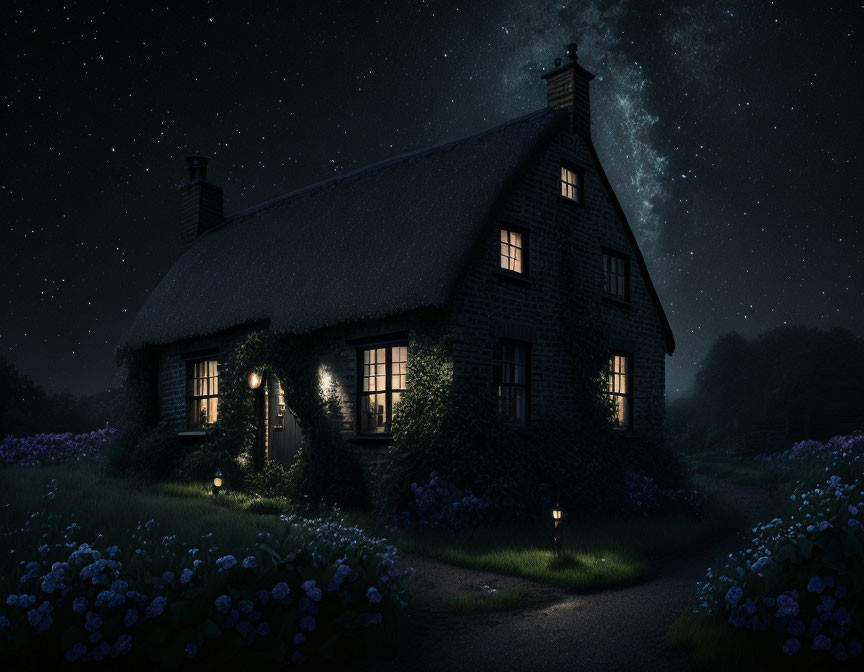 Cozy cottage surrounded by blooming flowers under starry night sky