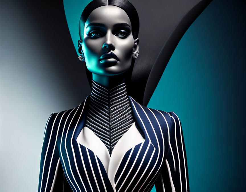 Futuristic humanoid figure in black and white outfit on blue backdrop