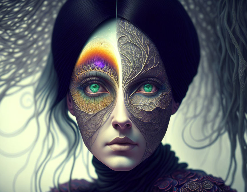 Detailed digital artwork of woman with vibrant green eyes and symbolic face art.