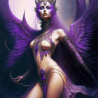 Fantasy illustration of winged purple-skinned female figure in cosmic setting