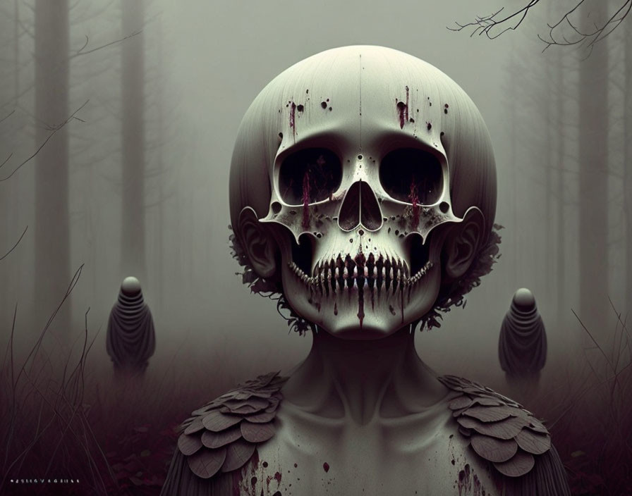 Digital art: Macabre humanoid figure with skull-like head in misty forest scene