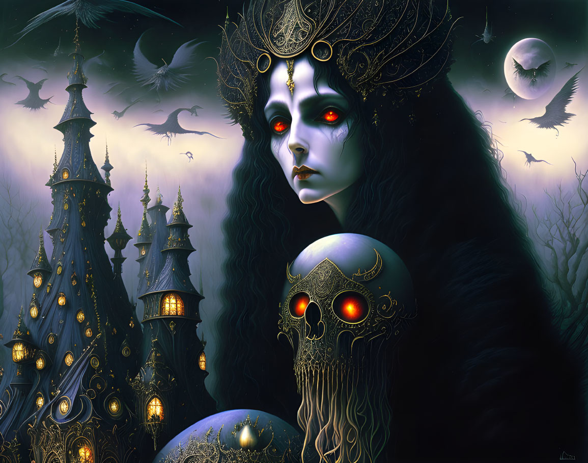 Gothic fantasy art: Pale woman with red eyes, skull, eerie castles, and moon