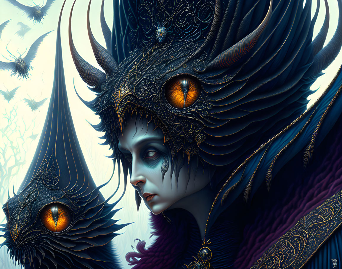 Elaborate horned headdress and golden eyes against eerie bird backdrop