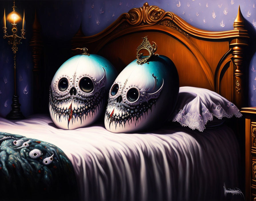 Gothic Decor: Crowned Skull Pillows on Bed with Night Ambiance