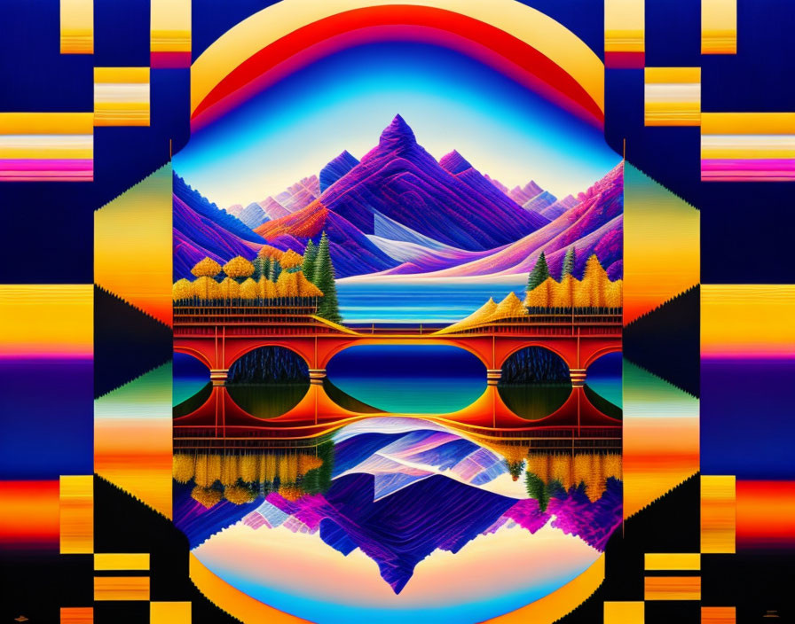 Symmetrical mountain landscapes and bridges in digital art