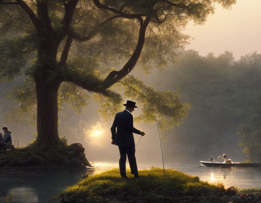 Tranquil river fishing scene with two individuals in boat and on shore