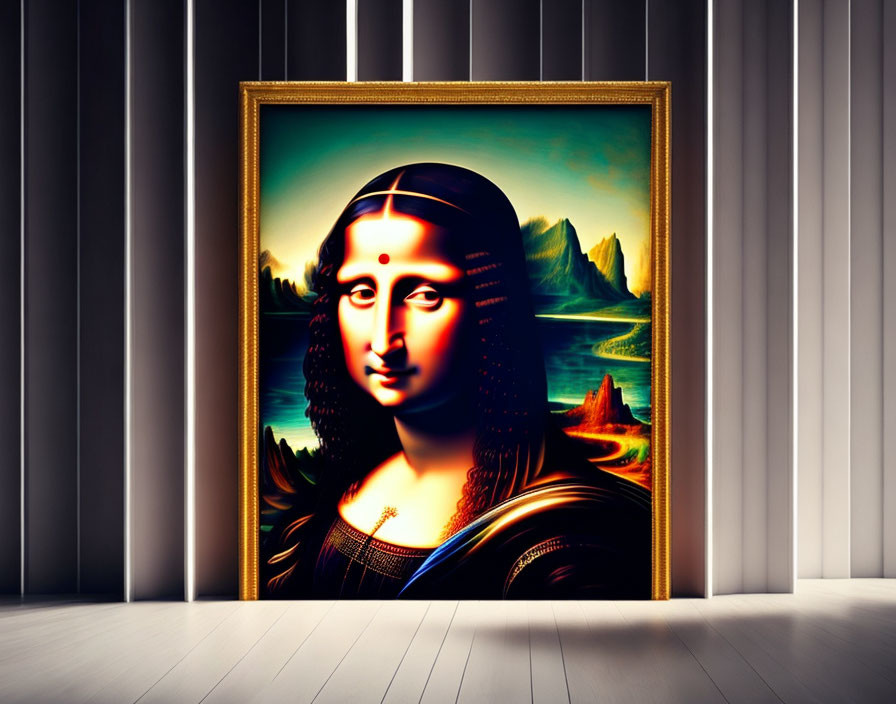 Stylized Mona Lisa with Bindi in Golden Frame on Modern Room Background