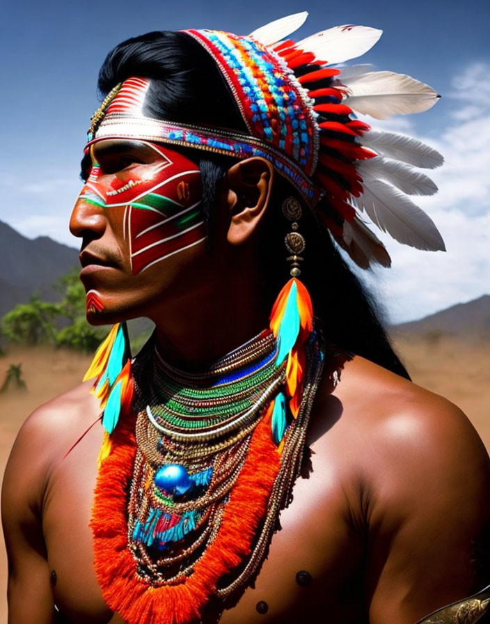 Portrait of a person in Native American attire against mountain backdrop