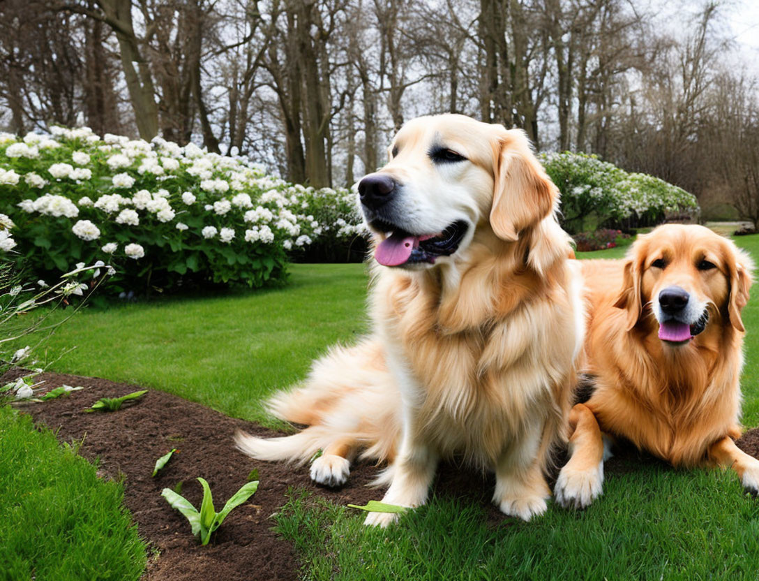 Golden retrievers resting on grass near blooming white bushes