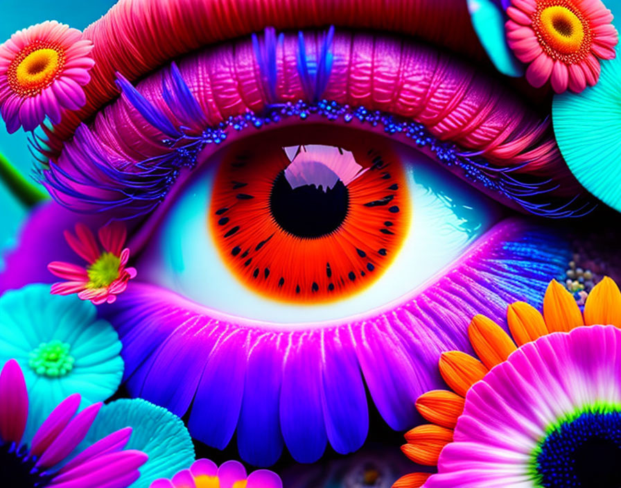 Close-Up of Human Eye with Bright Orange Iris and Floral Eyelashes on Colorful Background