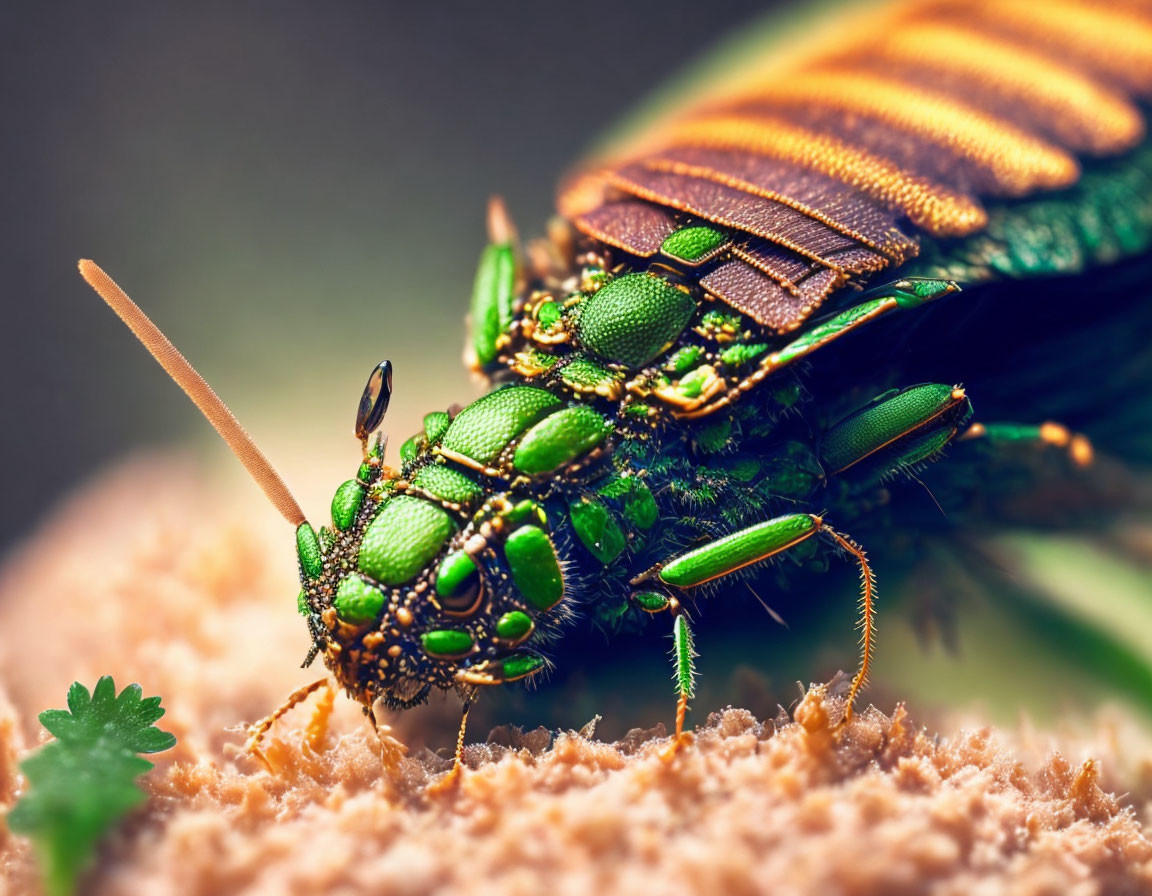 Metallic Green Beetle with Intricate Wing Patterns on Textured Surface