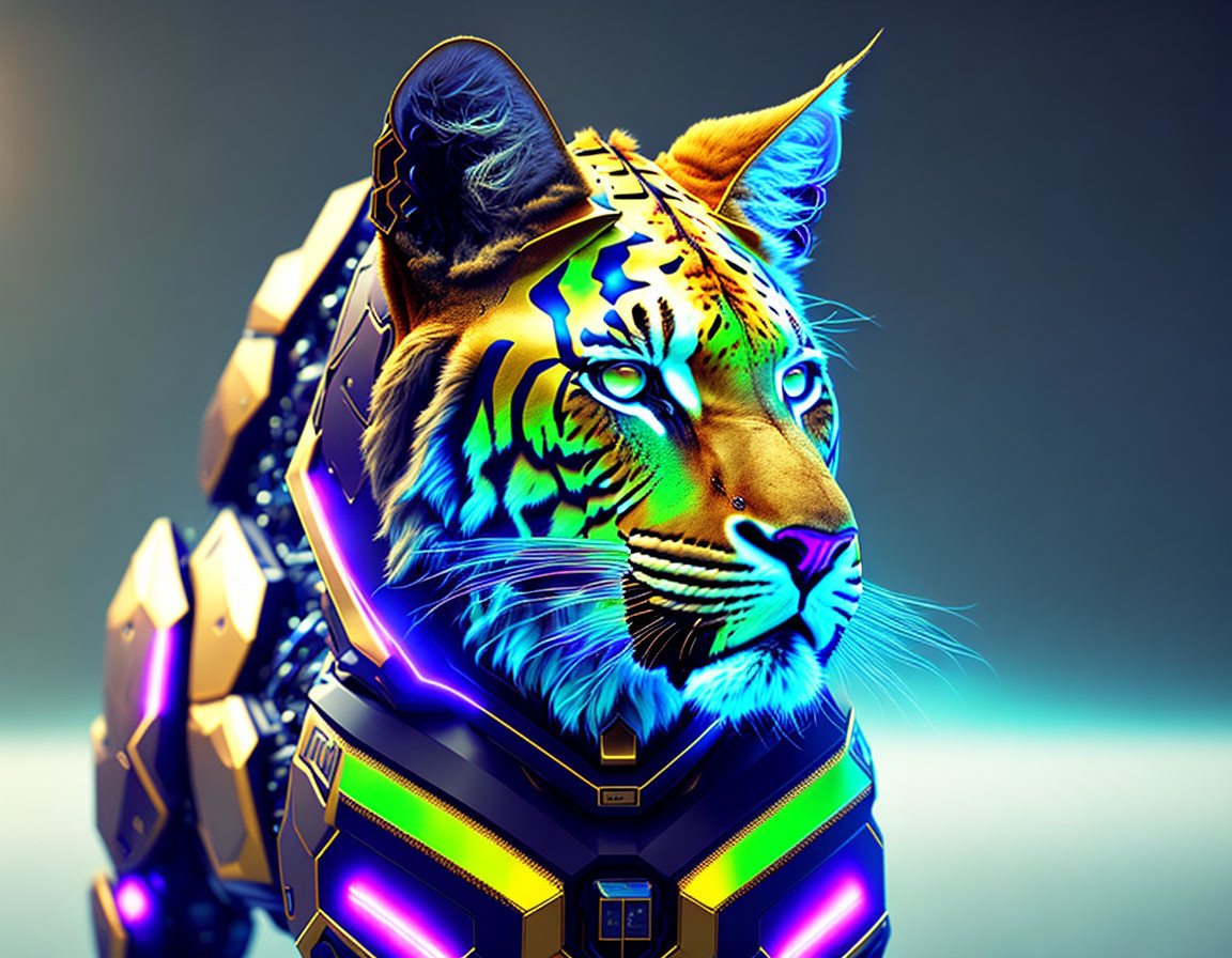 Colorful Robotic Tiger Head with Glowing Eyes on Gradient Background