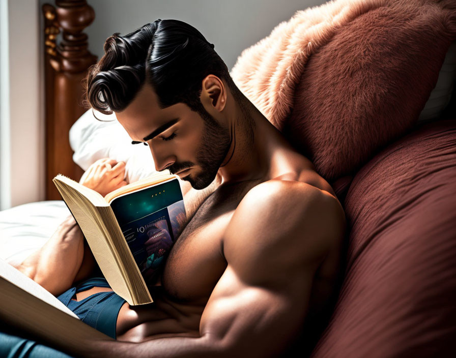 Shirtless man reading book in bed with plush pillows