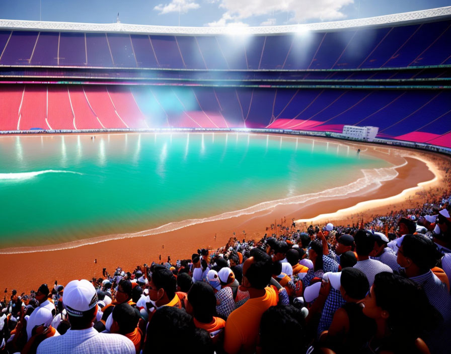 Crowd inside stadium with beach and ocean backdrop