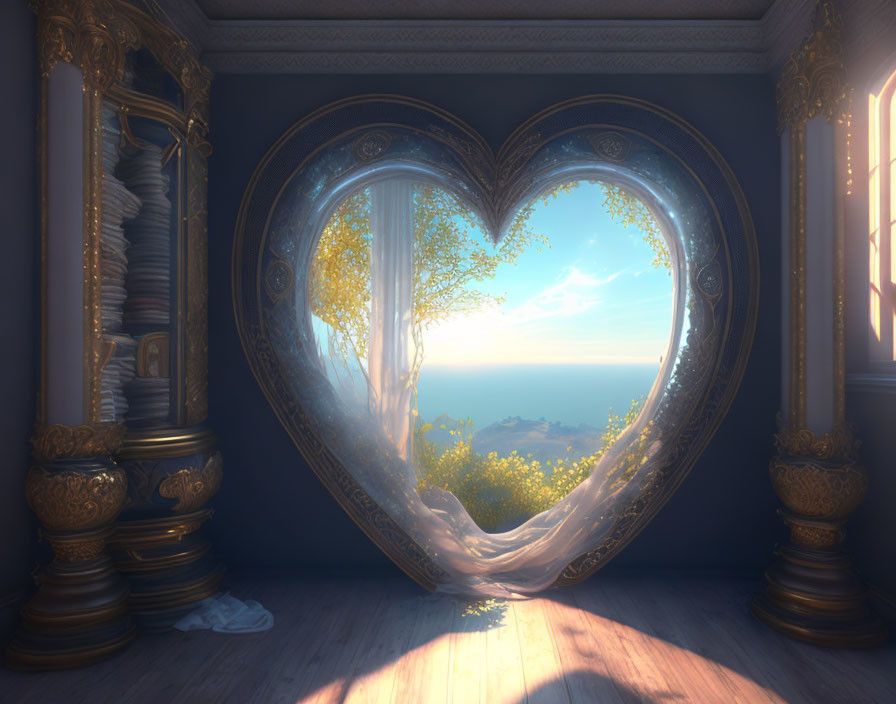 Heart-shaped window with golden sunlight, ocean view, and whimsical curtains