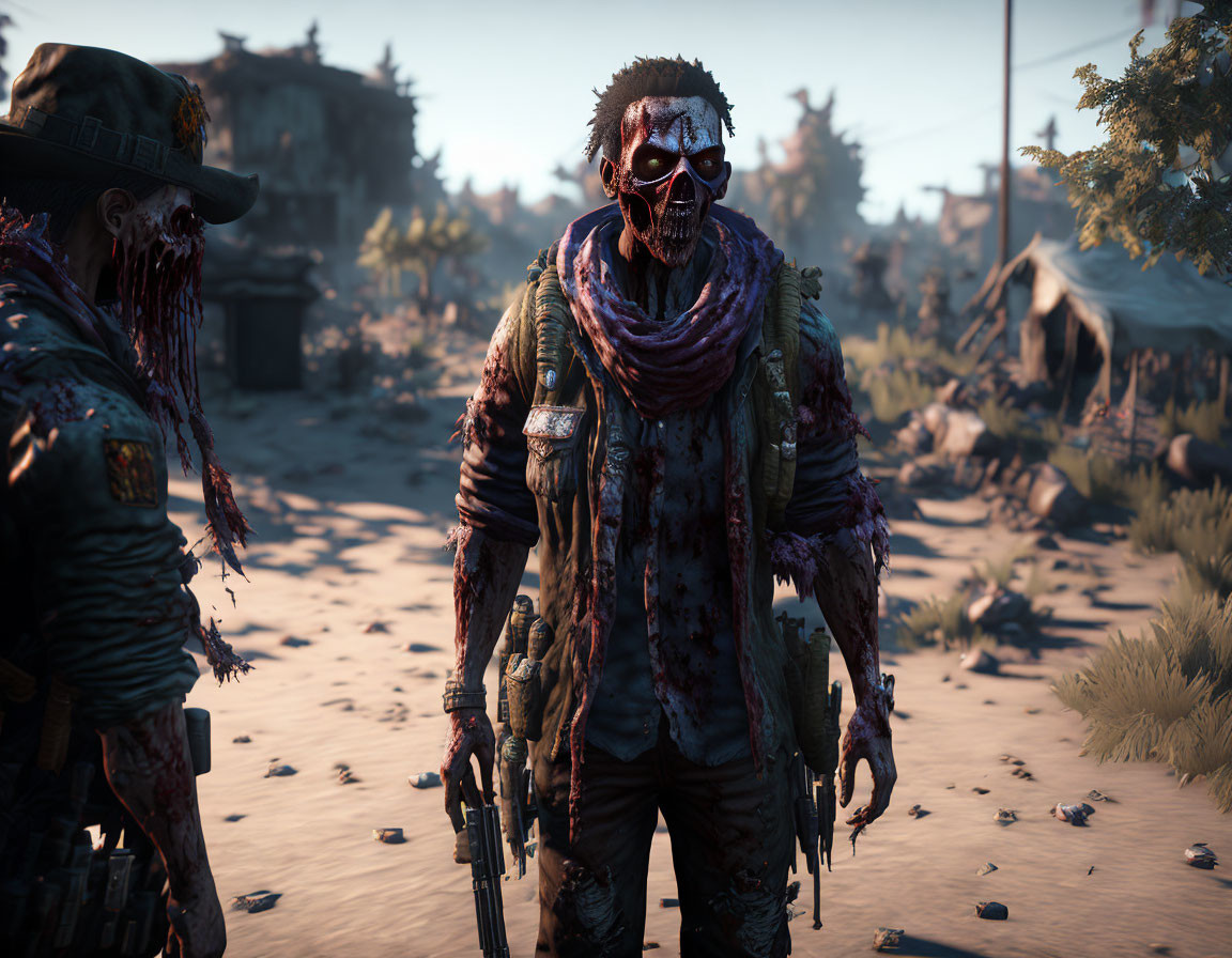 Tattered-clothed zombie figures with guns in desolate landscape