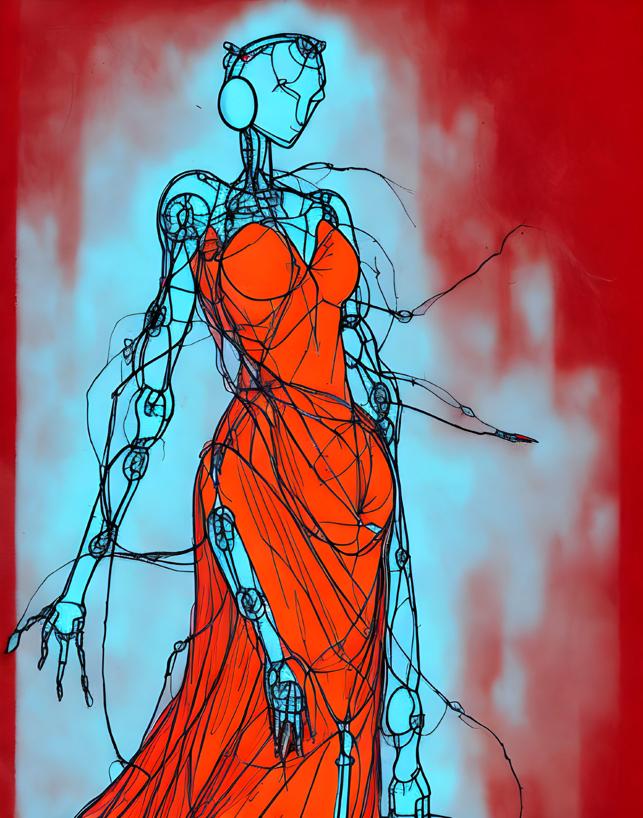 Feminine humanoid robot sketch in red dress on watercolor background