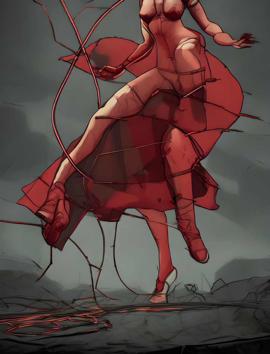 Floating female figure in red dress with cables on gray background